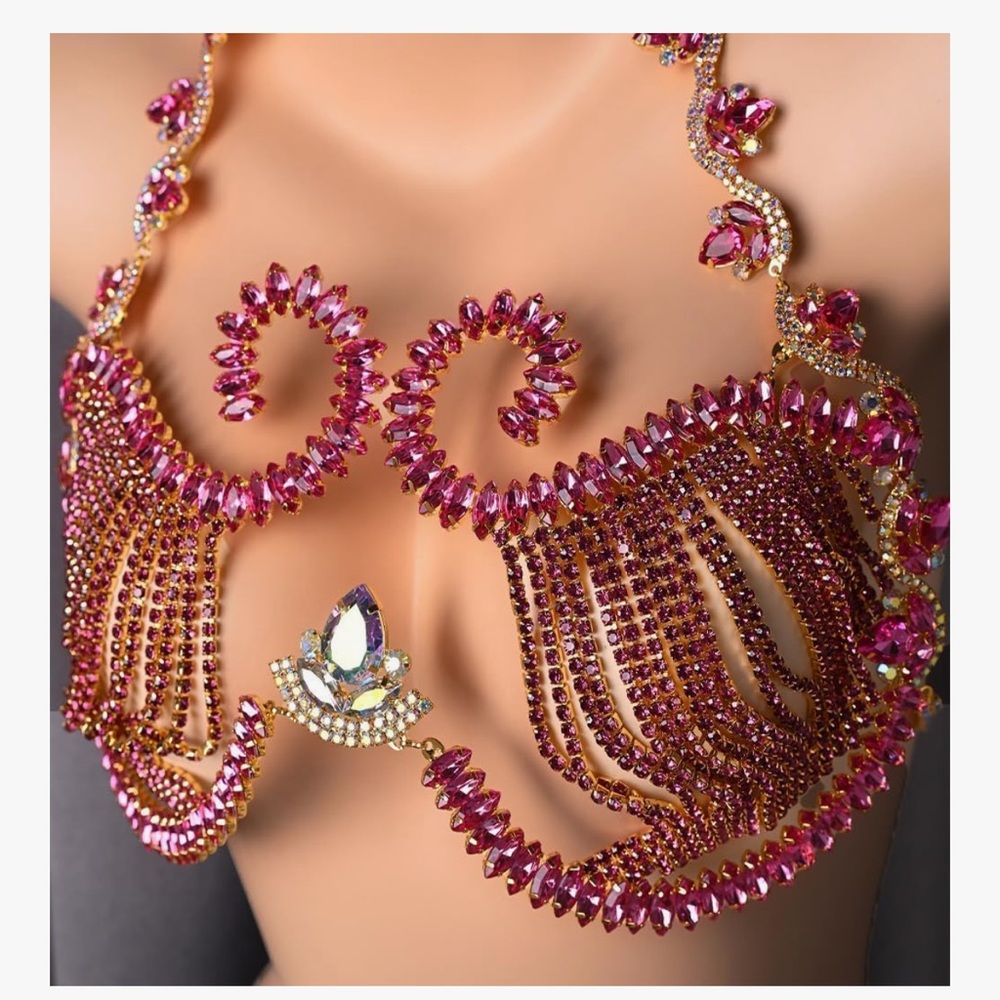Pink Rhinestone crystal bra top chain harness metallic bikini rave festival - Picture 2 of 2